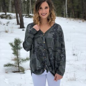 Camo waffle knit Henley t shirt